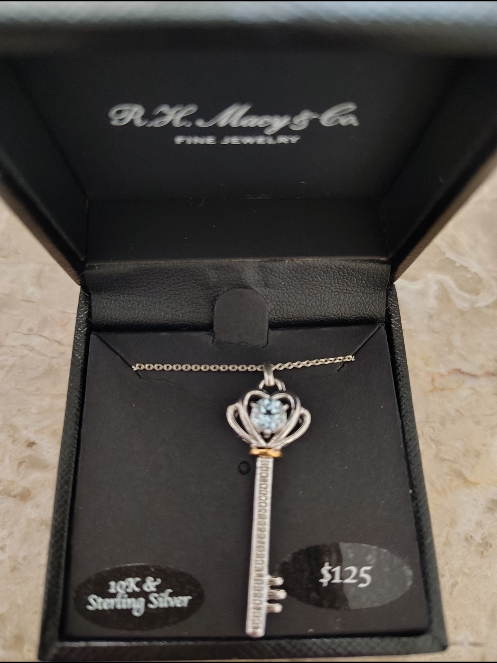Sterling Silver Key Pendant Necklace with Blue Gem